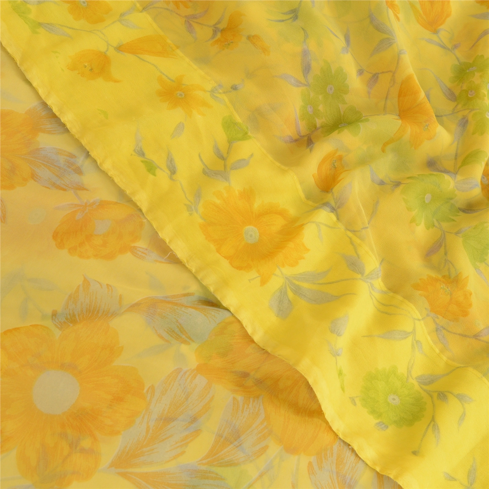 Sanskriti Vintage Lemon Green Georgette Sarees Printed Sari Floral Craft Fabric, PRG-10642-Lemon Green-Printed Floral Design-Poly Georgette-1