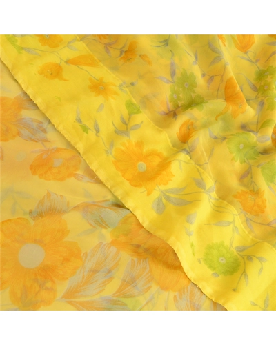 Sanskriti Vintage Lemon Green Georgette Sarees Printed Sari Floral Craft Fabric, PRG-10642-Lemon Green-Printed Floral Design-Poly Georgette-1