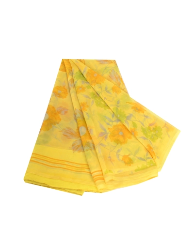 Sanskriti Vintage Lemon Green Georgette Sarees Printed Sari Floral Craft Fabric, PRG-10642-Lemon Green-Printed Floral Design-Poly Georgette-2