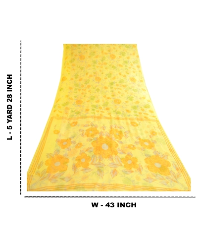 Sanskriti Vintage Lemon Green Georgette Sarees Printed Sari Floral Craft Fabric, PRG-10642-Lemon Green-Printed Floral Design-Poly Georgette-3