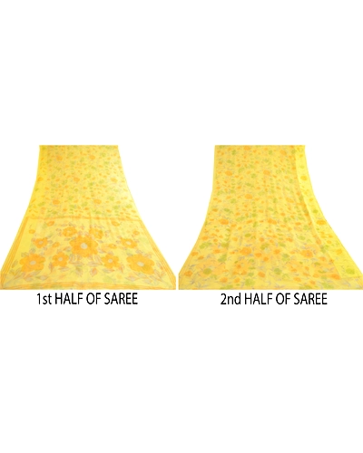 Sanskriti Vintage Lemon Green Georgette Sarees Printed Sari Floral Craft Fabric, PRG-10642-Lemon Green-Printed Floral Design-Poly Georgette-5