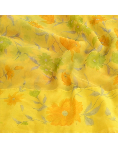 Sanskriti Vintage Lemon Green Georgette Sarees Printed Sari Floral Craft Fabric, PRG-10642-Lemon Green-Printed Floral Design-Poly Georgette-6