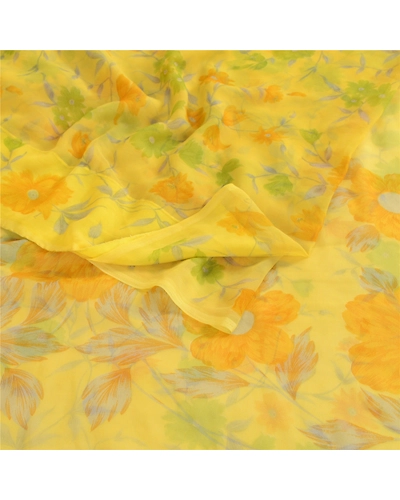 Sanskriti Vintage Lemon Green Georgette Sarees Printed Sari Floral Craft Fabric, PRG-10642-Lemon Green-Printed Floral Design-Poly Georgette-7