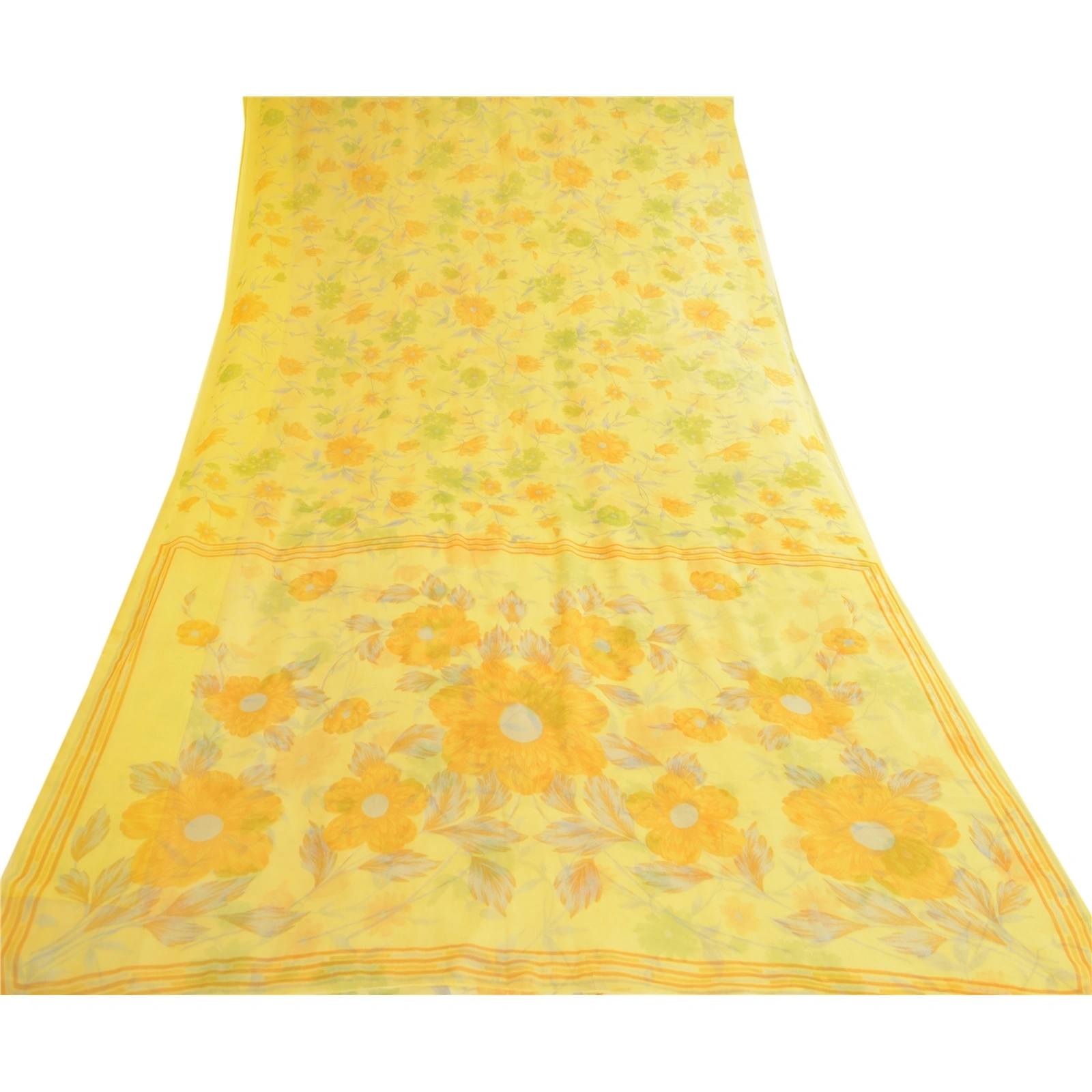 Sanskriti Vintage Lemon Green Georgette Sarees Printed Sari Floral Craft Fabric, PRG-10642-Lemon Green-Printed Floral Design-Poly Georgette-8