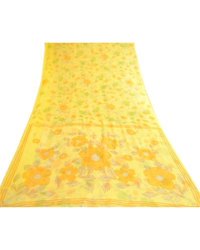 Sanskriti Vintage Lemon Green Georgette Sarees Printed Sari Floral Craft Fabric, PRG-10642-Lemon Green-Printed Floral Design-Poly Georgette-8