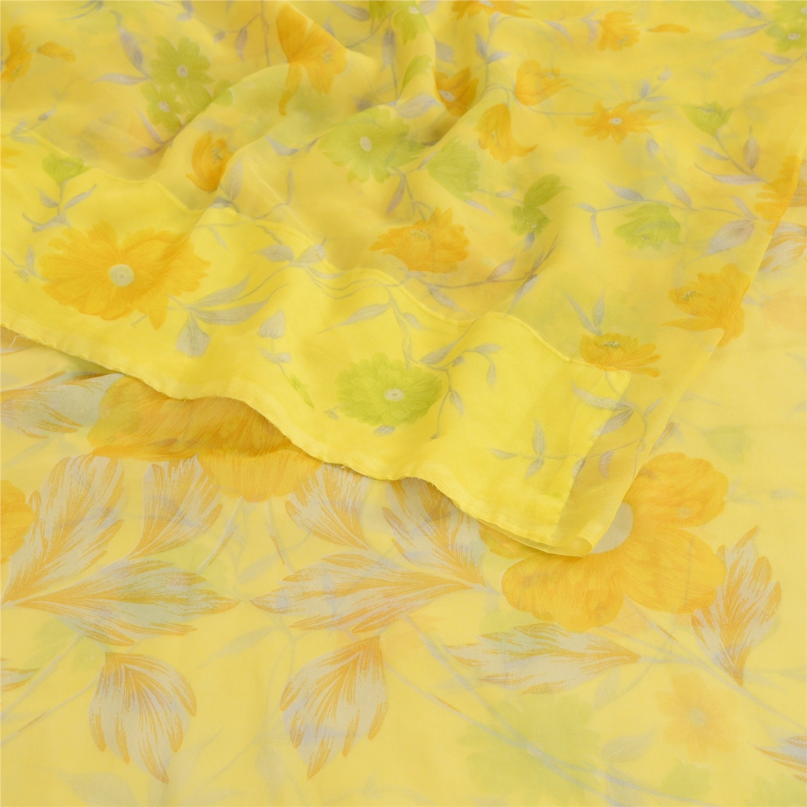 Sanskriti Vintage Lemon Green Georgette Sarees Printed Sari Floral Craft Fabric, PRG-10642-Lemon Green-Printed Floral Design-Poly Georgette-9