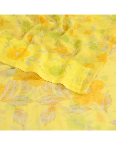 Sanskriti Vintage Lemon Green Georgette Sarees Printed Sari Floral Craft Fabric, PRG-10642-Lemon Green-Printed Floral Design-Poly Georgette-9