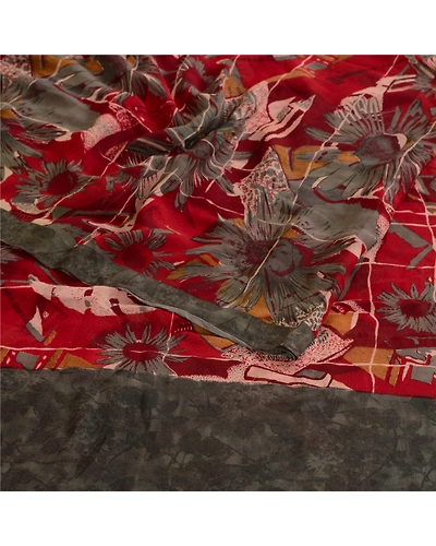 Sanskriti Vintage Dark Red Pure Georgette Silk Sarees Printed Sari Sewing Fabric, PRG-10656-Dark Red-Printed Floral Design-Pure Georgette Silk-9
