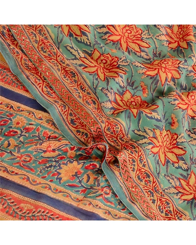 Sanskriti Vintage Green Pure Georgette Silk Sarees Printed Sari 5Yd Craft Fabric, PRG-10658-Green-Printed Floral Design-Pure Georgette Silk-1