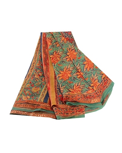 Sanskriti Vintage Green Pure Georgette Silk Sarees Printed Sari 5Yd Craft Fabric, PRG-10658-Green-Printed Floral Design-Pure Georgette Silk-2