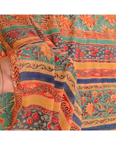 Sanskriti Vintage Green Pure Georgette Silk Sarees Printed Sari 5Yd Craft Fabric, PRG-10658-Green-Printed Floral Design-Pure Georgette Silk-4