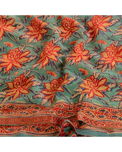 Sanskriti Vintage Green Pure Georgette Silk Sarees Printed Sari 5Yd Craft Fabric, PRG-10658-Green-Printed Floral Design-Pure Georgette Silk-6