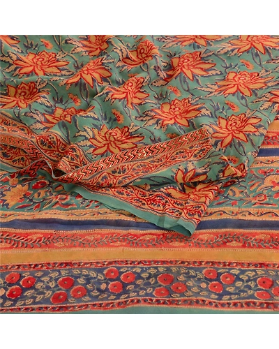 Sanskriti Vintage Green Pure Georgette Silk Sarees Printed Sari 5Yd Craft Fabric, PRG-10658-Green-Printed Floral Design-Pure Georgette Silk-7