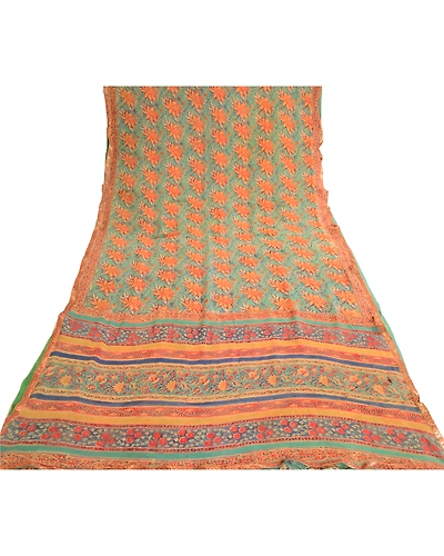Sanskriti Vintage Green Pure Georgette Silk Sarees Printed Sari 5Yd Craft Fabric, PRG-10658-Green-Printed Floral Design-Pure Georgette Silk-8