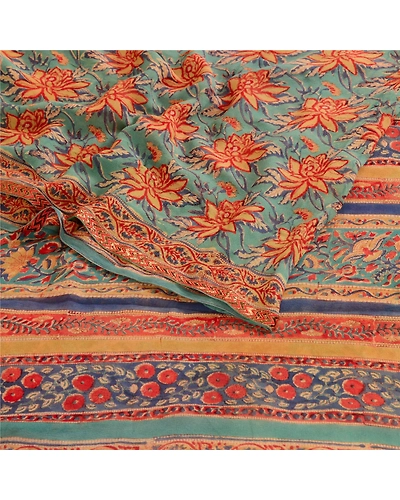 Sanskriti Vintage Green Pure Georgette Silk Sarees Printed Sari 5Yd Craft Fabric, PRG-10658-Green-Printed Floral Design-Pure Georgette Silk-9
