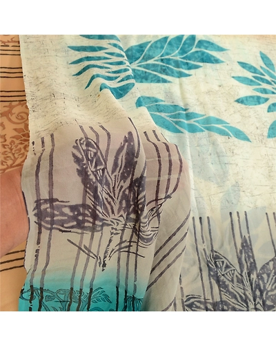 Sanskriti Vintage Blue Pure Georgette Silk Sarees Printed Sari 5Yd Craft Fabric, PRG-10660-Blue-Printed Floral Design-Pure Georgette Silk-4