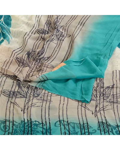 Sanskriti Vintage Blue Pure Georgette Silk Sarees Printed Sari 5Yd Craft Fabric, PRG-10660-Blue-Printed Floral Design-Pure Georgette Silk-7