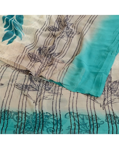 Sanskriti Vintage Blue Pure Georgette Silk Sarees Printed Sari 5Yd Craft Fabric, PRG-10660-Blue-Printed Floral Design-Pure Georgette Silk-9
