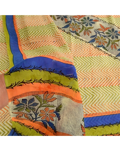 Sanskriti Vintage Multi Pure Georgette Silk Sarees Printed Sari 5Yd Craft Fabric, PRG-10666-Multi-Printed Floral Design-Pure Georgette Silk-4