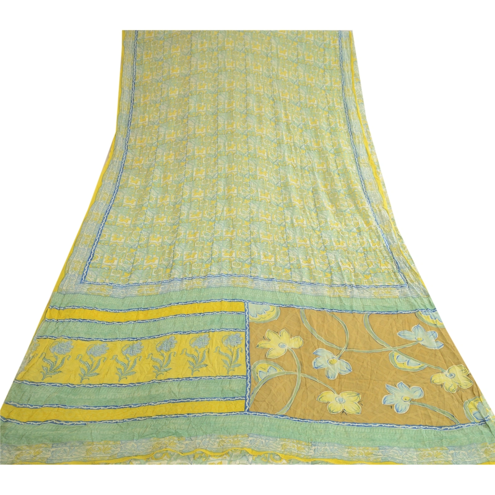 Sanskriti Vintage Green Pure Georgette Silk Sarees Printed Sari 5Yd Craft Fabric, PRG-10673-Green-Printed Floral Design-Pure Georgette Silk-8