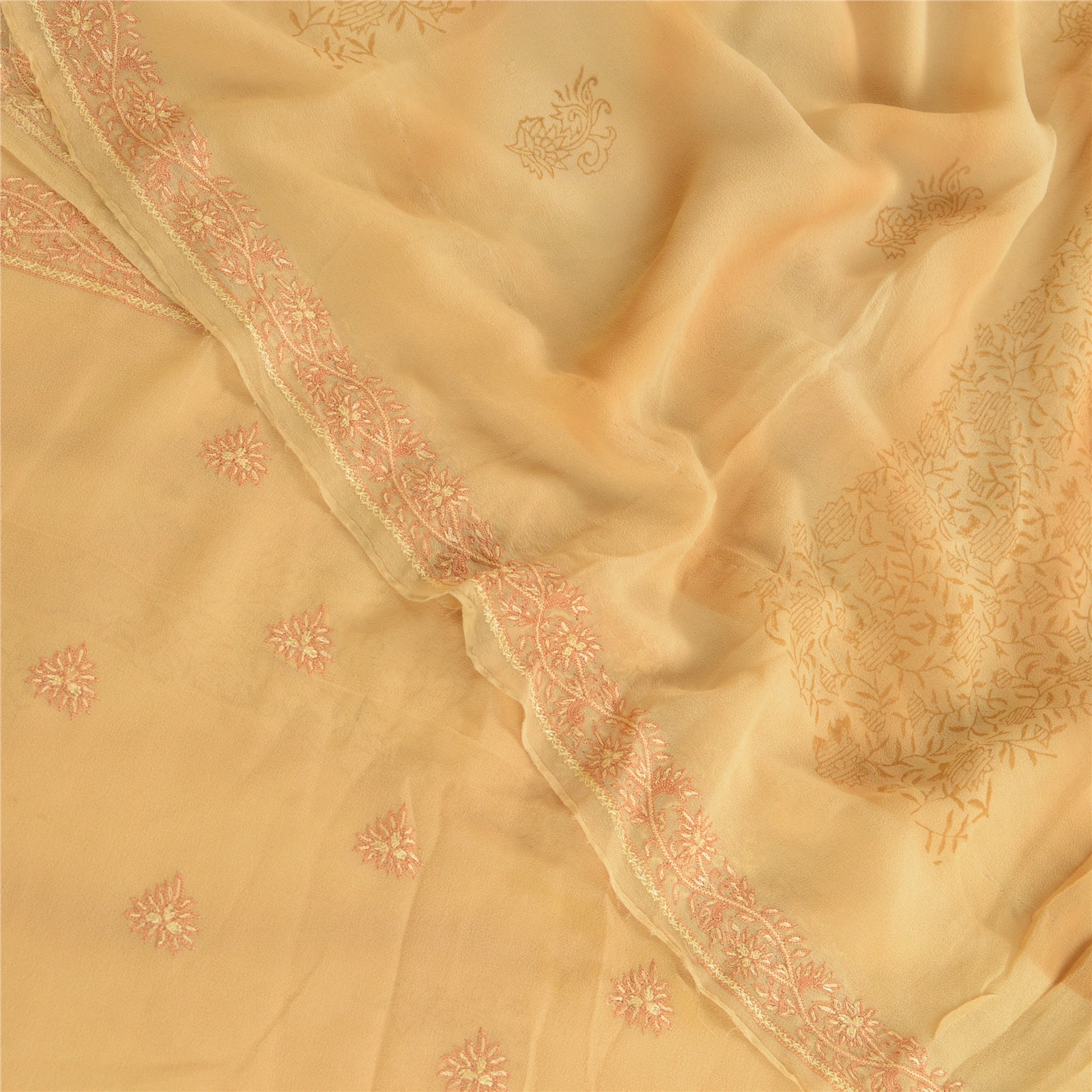 Sanskriti Vintage Beige Pure Georgette Silk Hand Made Suzani Sarees Sari Fabric, PRG-10674-Beige-Printed Floral Design-Pure Georgette Silk-1