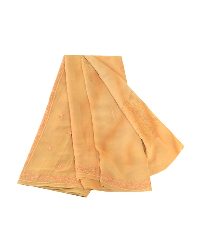 Sanskriti Vintage Beige Pure Georgette Silk Hand Made Suzani Sarees Sari Fabric, PRG-10674-Beige-Printed Floral Design-Pure Georgette Silk-2