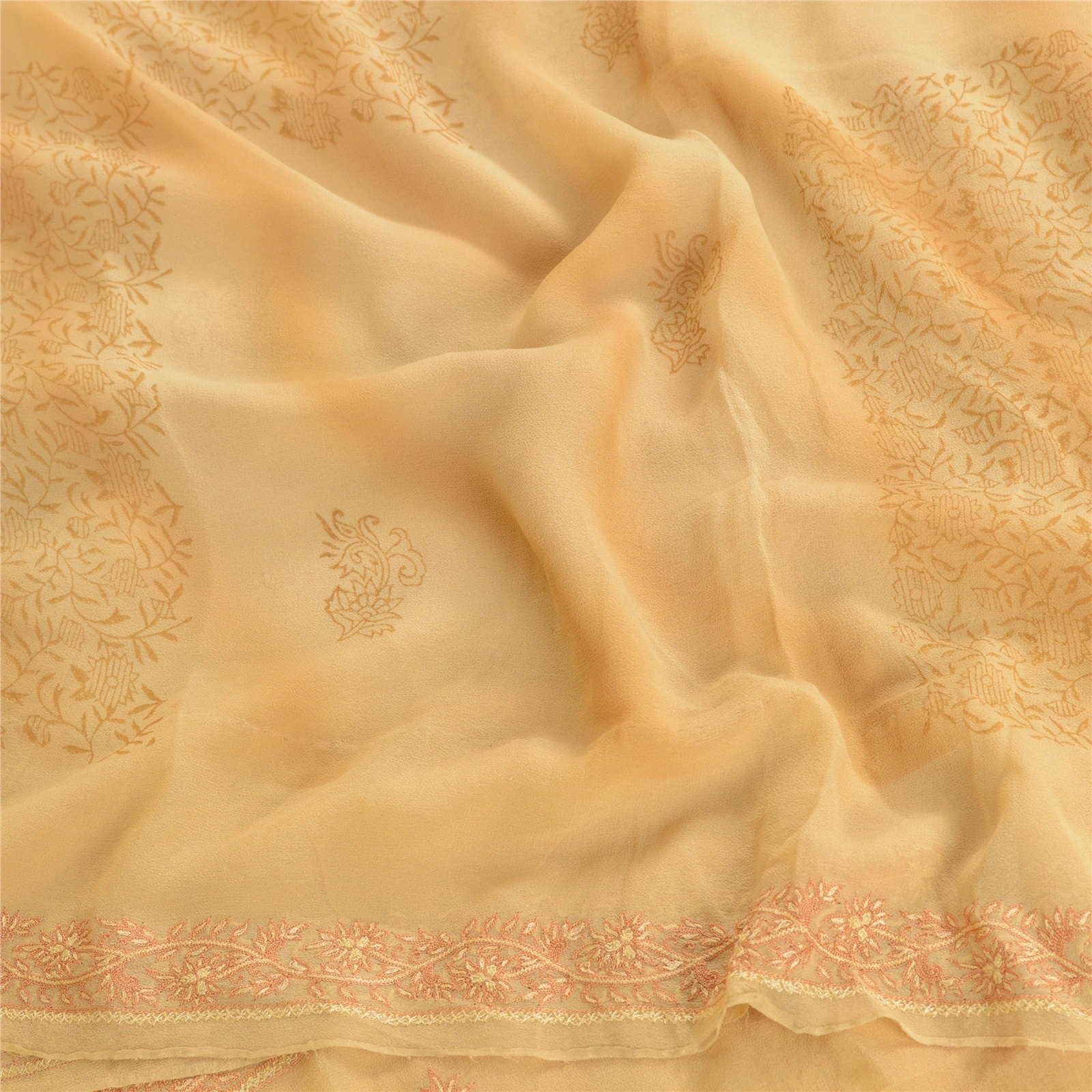 Sanskriti Vintage Beige Pure Georgette Silk Hand Made Suzani Sarees Sari Fabric, PRG-10674-Beige-Printed Floral Design-Pure Georgette Silk-6