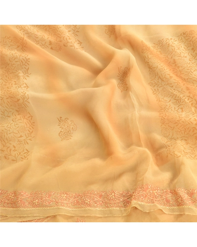 Sanskriti Vintage Beige Pure Georgette Silk Hand Made Suzani Sarees Sari Fabric, PRG-10674-Beige-Printed Floral Design-Pure Georgette Silk-6