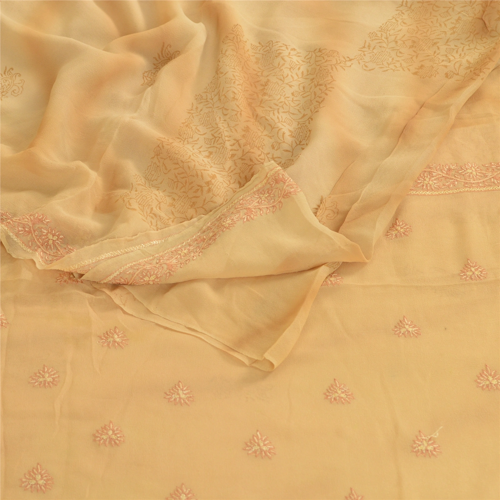 Sanskriti Vintage Beige Pure Georgette Silk Hand Made Suzani Sarees Sari Fabric, PRG-10674-Beige-Printed Floral Design-Pure Georgette Silk-7