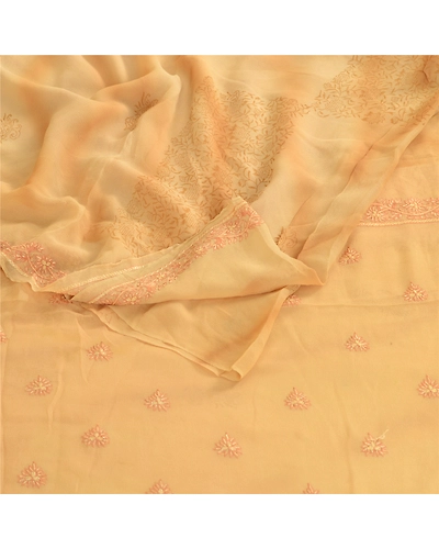 Sanskriti Vintage Beige Pure Georgette Silk Hand Made Suzani Sarees Sari Fabric, PRG-10674-Beige-Printed Floral Design-Pure Georgette Silk-7