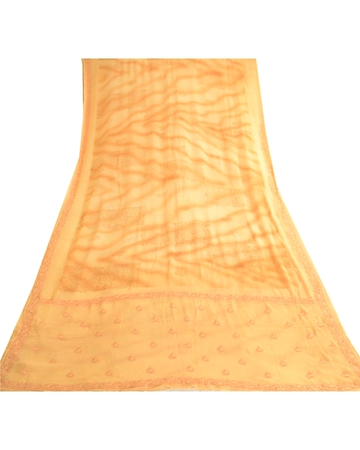 Sanskriti Vintage Beige Pure Georgette Silk Hand Made Suzani Sarees Sari Fabric, PRG-10674-Beige-Printed Floral Design-Pure Georgette Silk-8
