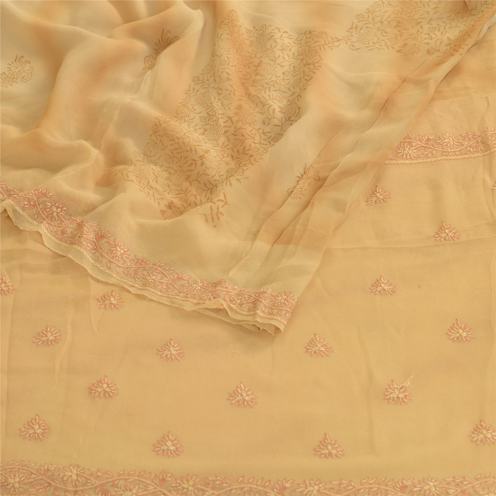 Sanskriti Vintage Beige Pure Georgette Silk Hand Made Suzani Sarees Sari Fabric, PRG-10674-Beige-Printed Floral Design-Pure Georgette Silk-9