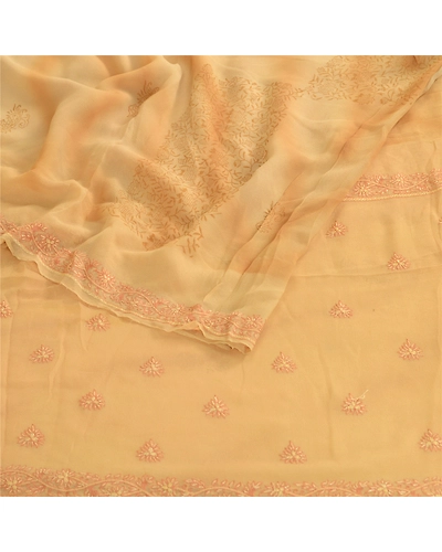 Sanskriti Vintage Beige Pure Georgette Silk Hand Made Suzani Sarees Sari Fabric, PRG-10674-Beige-Printed Floral Design-Pure Georgette Silk-9