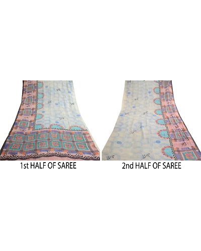 Sanskriti Vintage Blue Pure Georgette Silk Sarees Printed Sari 5Yd Craft Fabric, PRG-10686-Blue-Printed Floral Design-Pure Georgette Silk-5