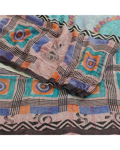 Sanskriti Vintage Blue Pure Georgette Silk Sarees Printed Sari 5Yd Craft Fabric, PRG-10686-Blue-Printed Floral Design-Pure Georgette Silk-9