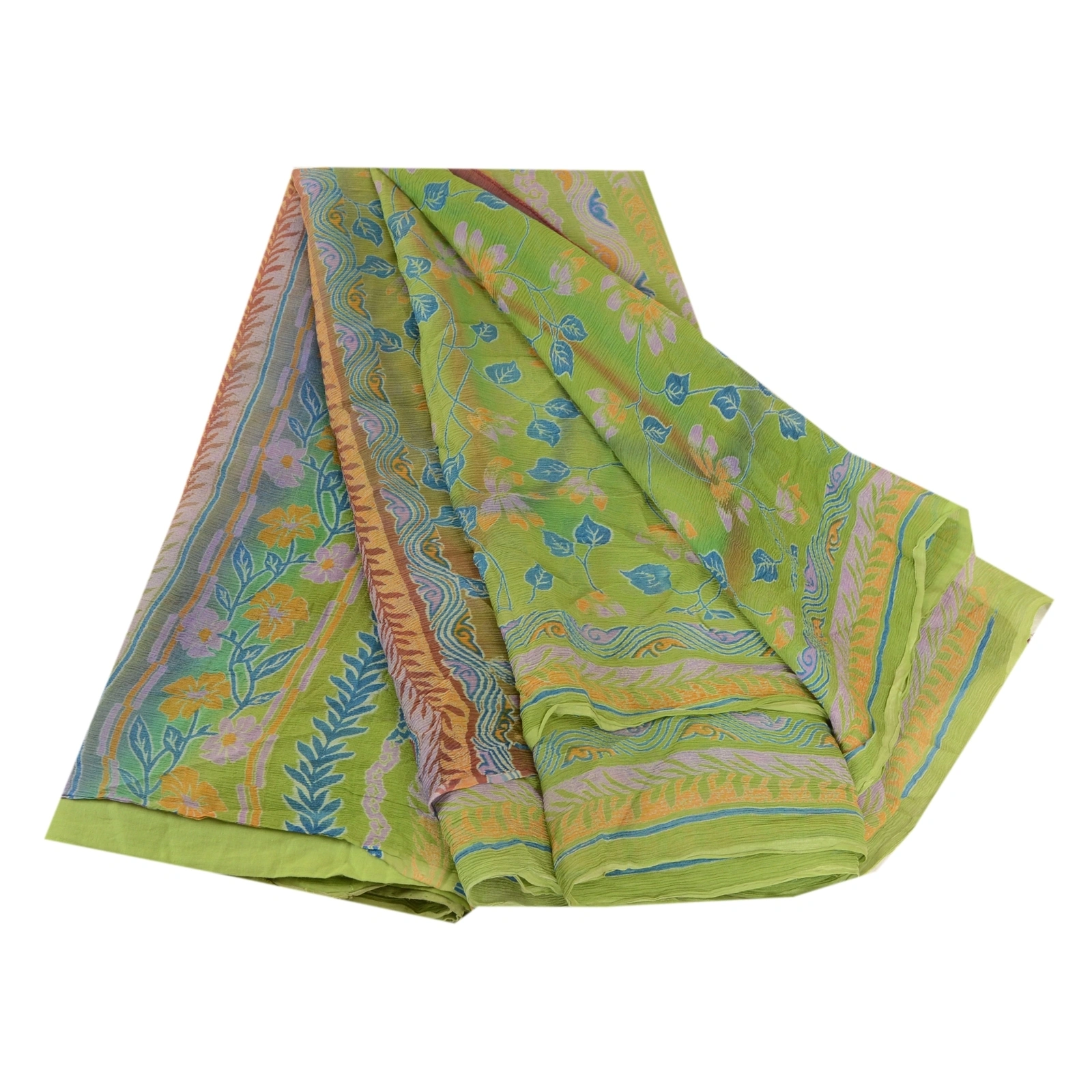 Sanskriti Vintage Green Pure Chiffon Silk Sarees Printed Sari 5Yd Craft Fabric, PRG-10693-Green-Printed Floral Design-Pure Chiffon Silk-2