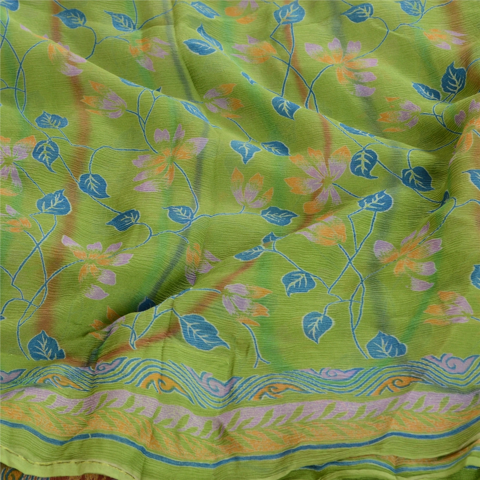 Sanskriti Vintage Green Pure Chiffon Silk Sarees Printed Sari 5Yd Craft Fabric, PRG-10693-Green-Printed Floral Design-Pure Chiffon Silk-6