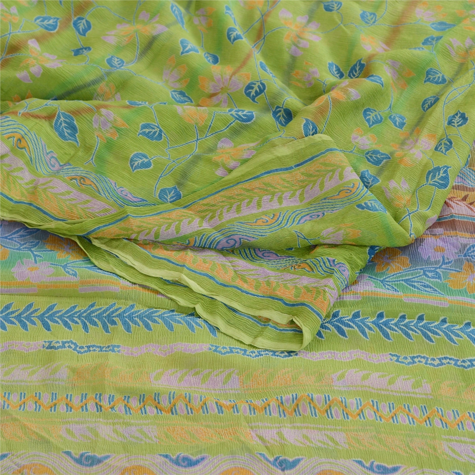 Sanskriti Vintage Green Pure Chiffon Silk Sarees Printed Sari 5Yd Craft Fabric, PRG-10693-Green-Printed Floral Design-Pure Chiffon Silk-7