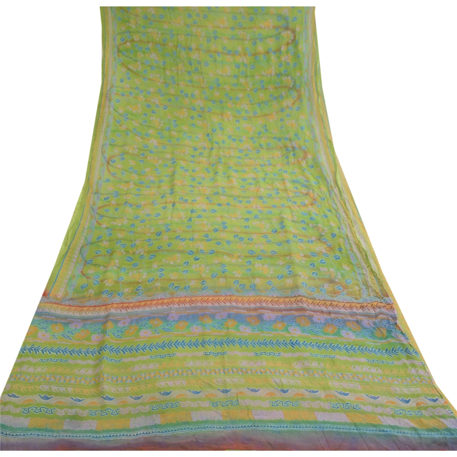 Sanskriti Vintage Green Pure Chiffon Silk Sarees Printed Sari 5Yd Craft Fabric, PRG-10693-Green-Printed Floral Design-Pure Chiffon Silk-8