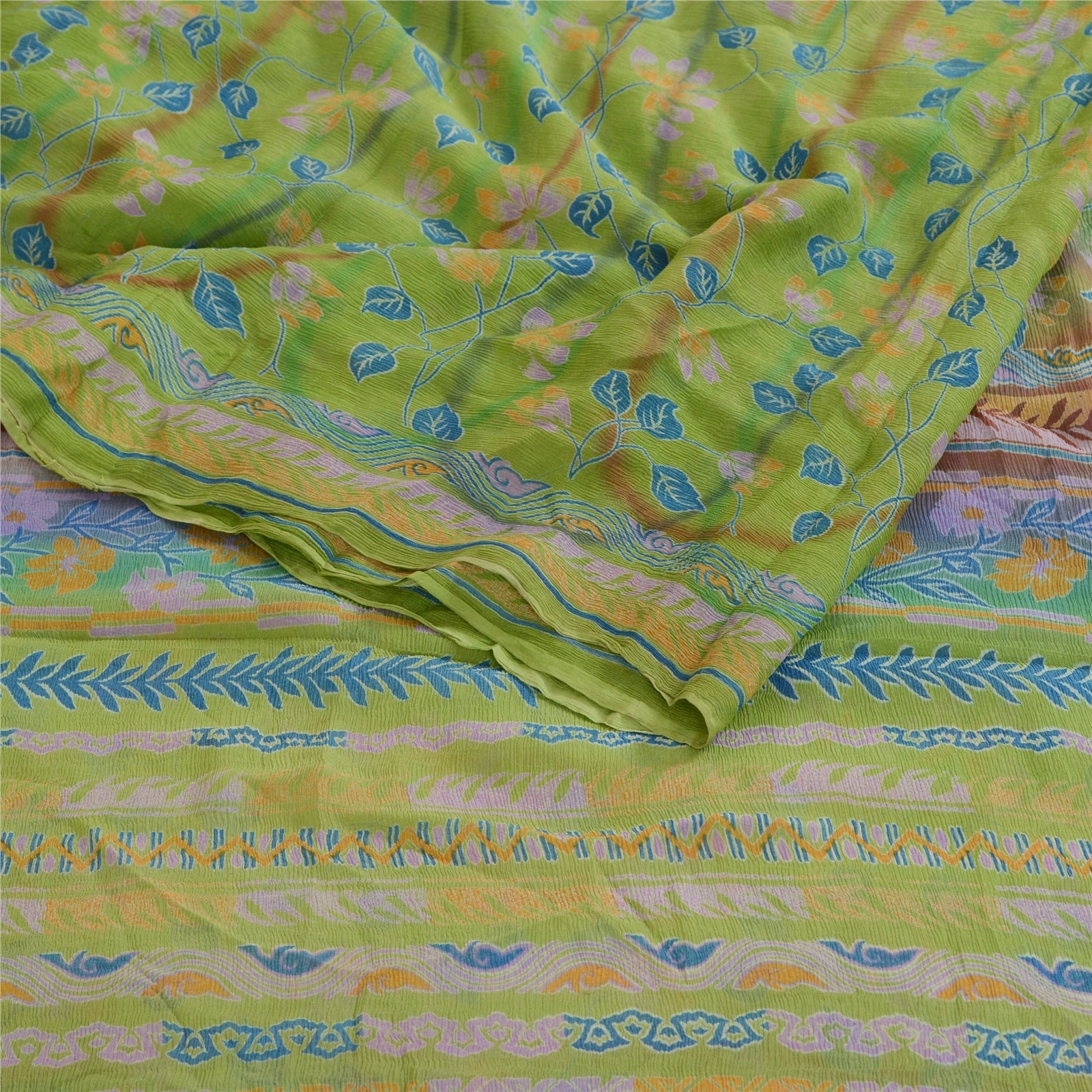 Sanskriti Vintage Green Pure Chiffon Silk Sarees Printed Sari 5Yd Craft Fabric, PRG-10693-Green-Printed Floral Design-Pure Chiffon Silk-9