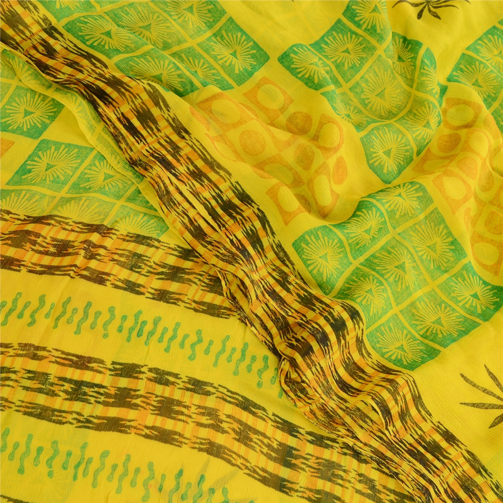 Sanskriti Vintage Lemon Green Pure Chiffon Silk Sarees Printed Sari Craft Fabric, PRG-10696-Lemon Green-Printed Floral Design-Pure Chiffon Silk-1