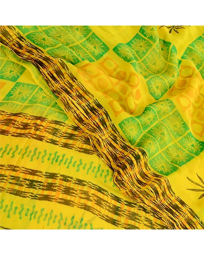 Sanskriti Vintage Lemon Green Pure Chiffon Silk Sarees Printed Sari Craft Fabric, PRG-10696-Lemon Green-Printed Floral Design-Pure Chiffon Silk-1