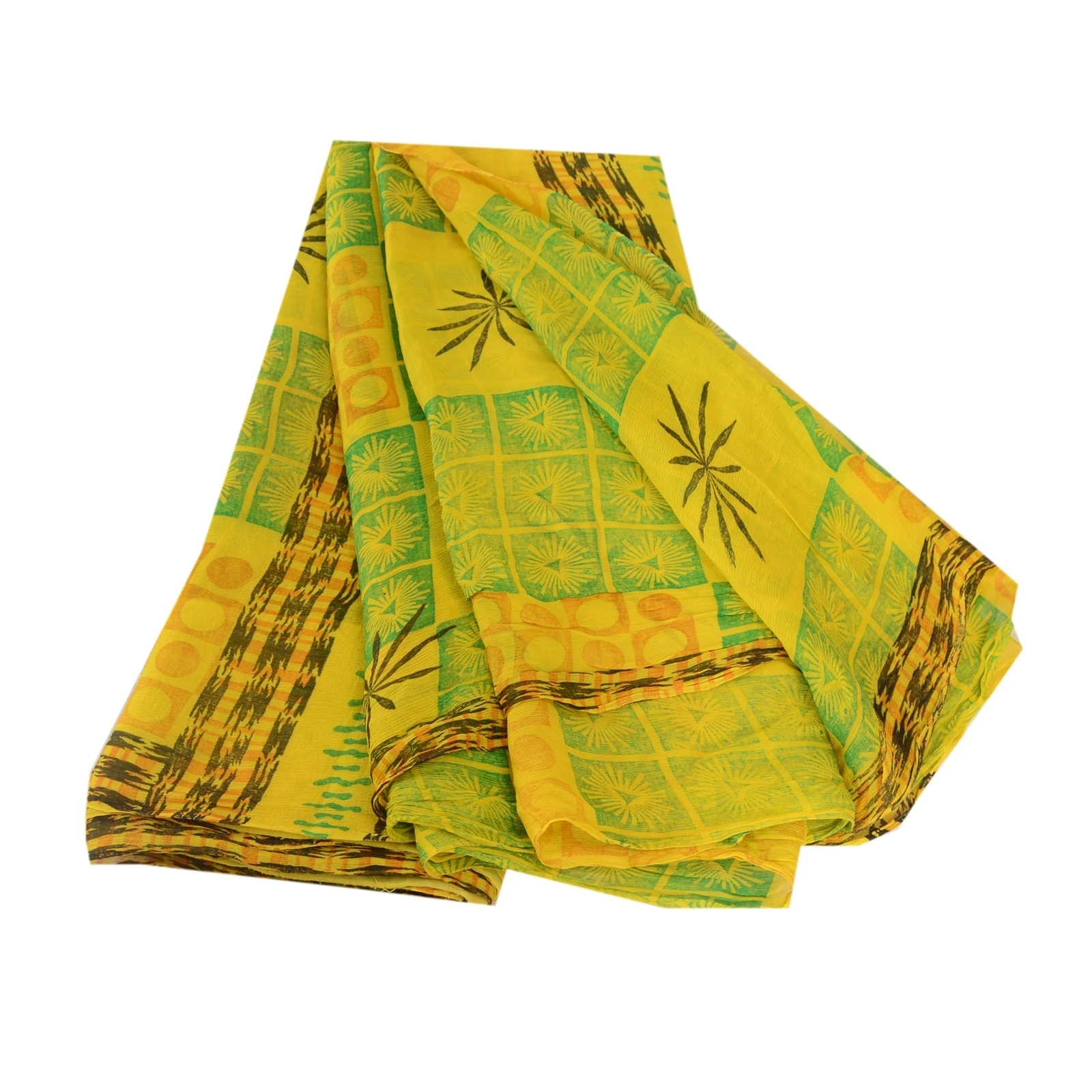 Sanskriti Vintage Lemon Green Pure Chiffon Silk Sarees Printed Sari Craft Fabric, PRG-10696-Lemon Green-Printed Floral Design-Pure Chiffon Silk-2