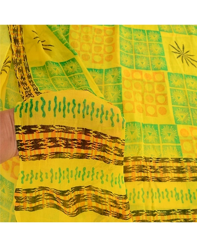 Sanskriti Vintage Lemon Green Pure Chiffon Silk Sarees Printed Sari Craft Fabric, PRG-10696-Lemon Green-Printed Floral Design-Pure Chiffon Silk-4