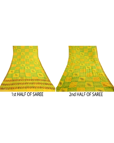 Sanskriti Vintage Lemon Green Pure Chiffon Silk Sarees Printed Sari Craft Fabric, PRG-10696-Lemon Green-Printed Floral Design-Pure Chiffon Silk-5