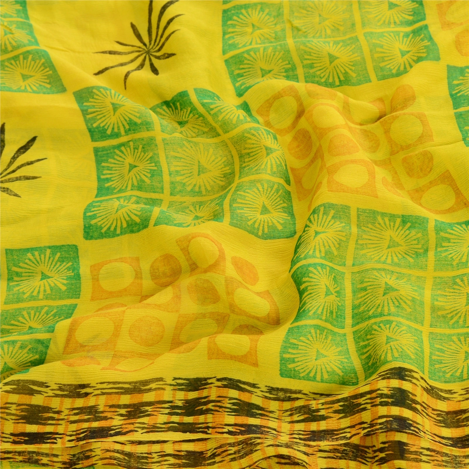 Sanskriti Vintage Lemon Green Pure Chiffon Silk Sarees Printed Sari Craft Fabric, PRG-10696-Lemon Green-Printed Floral Design-Pure Chiffon Silk-6