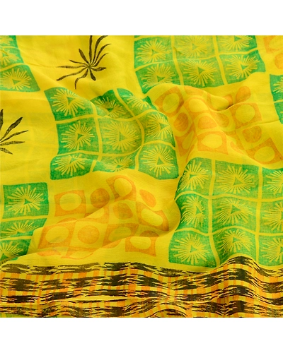 Sanskriti Vintage Lemon Green Pure Chiffon Silk Sarees Printed Sari Craft Fabric, PRG-10696-Lemon Green-Printed Floral Design-Pure Chiffon Silk-6