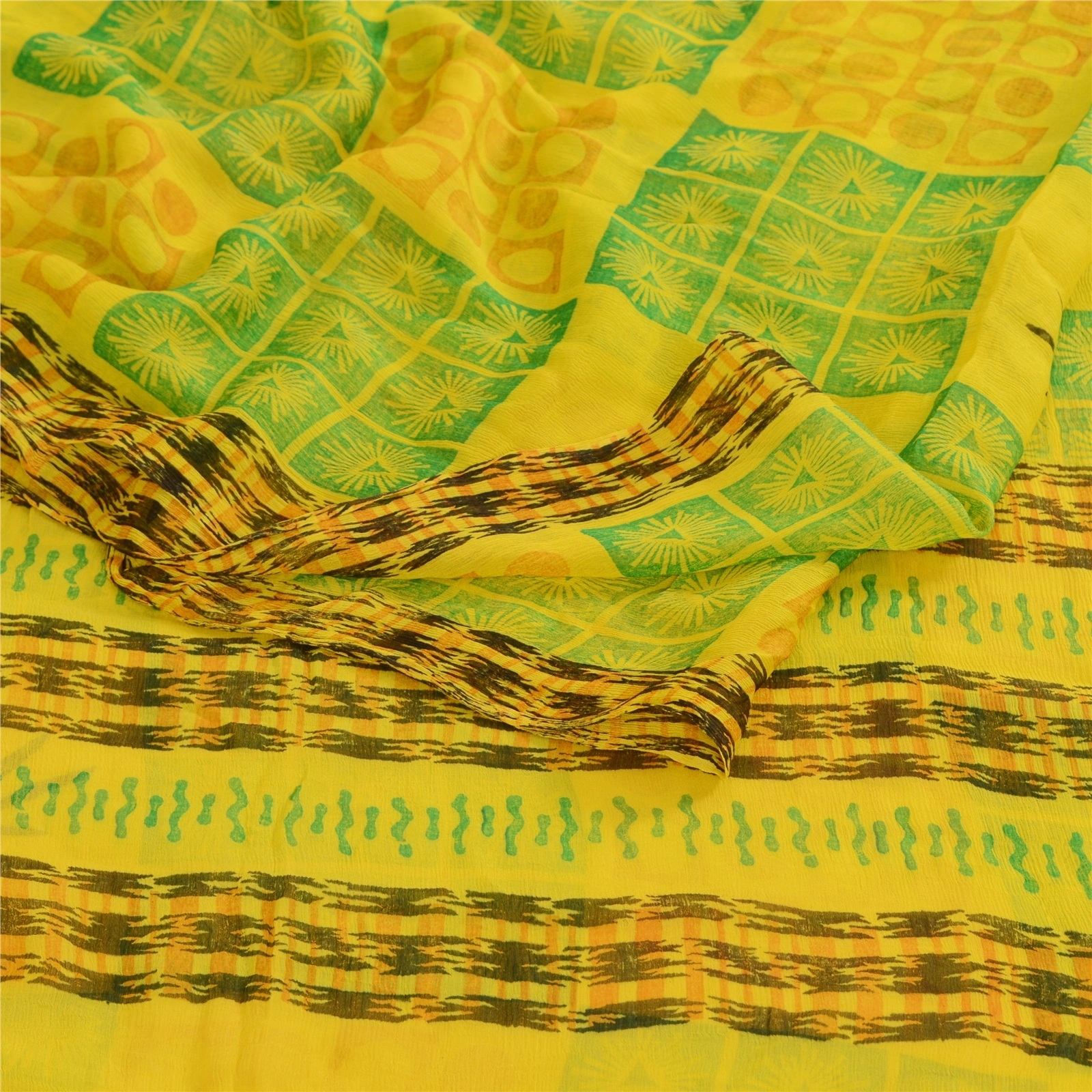 Sanskriti Vintage Lemon Green Pure Chiffon Silk Sarees Printed Sari Craft Fabric, PRG-10696-Lemon Green-Printed Floral Design-Pure Chiffon Silk-7