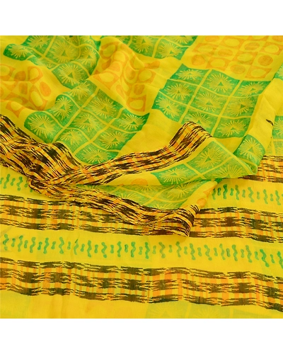 Sanskriti Vintage Lemon Green Pure Chiffon Silk Sarees Printed Sari Craft Fabric, PRG-10696-Lemon Green-Printed Floral Design-Pure Chiffon Silk-7