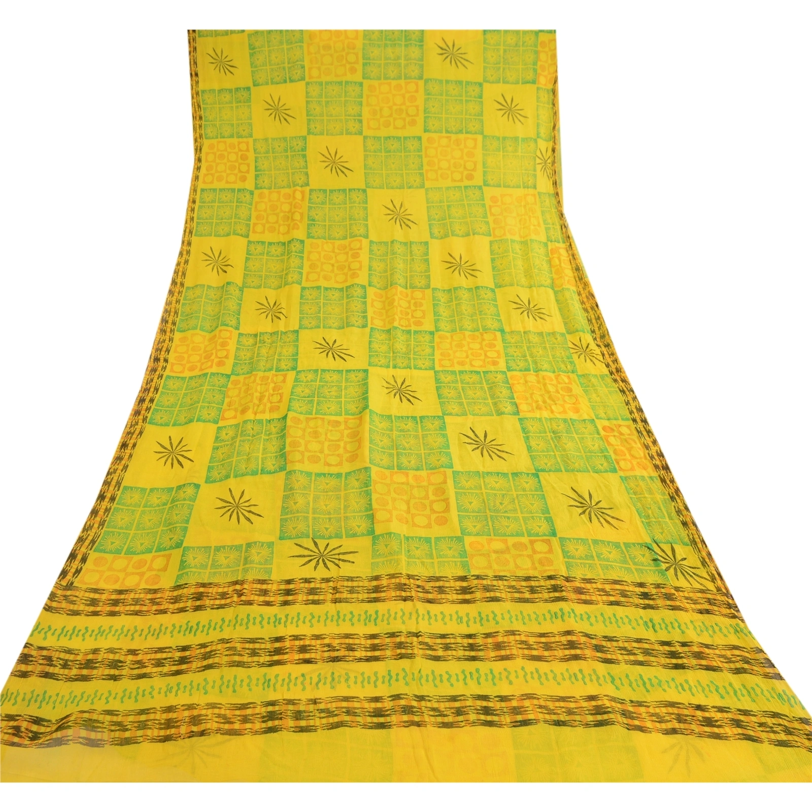 Sanskriti Vintage Lemon Green Pure Chiffon Silk Sarees Printed Sari Craft Fabric, PRG-10696-Lemon Green-Printed Floral Design-Pure Chiffon Silk-8